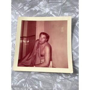 Vintage 1955 Kodacolor Print Shirtless Man Bathroom Candid Found Photo 3.5x3.5